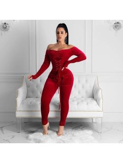 Doyerl Off Shoulder Velvet Jumpsuit Women Long Sleeve Romper Bodycon Lace Up Sexy SkinnyJumpsuit Night Club Party Jumpsuit Overalls