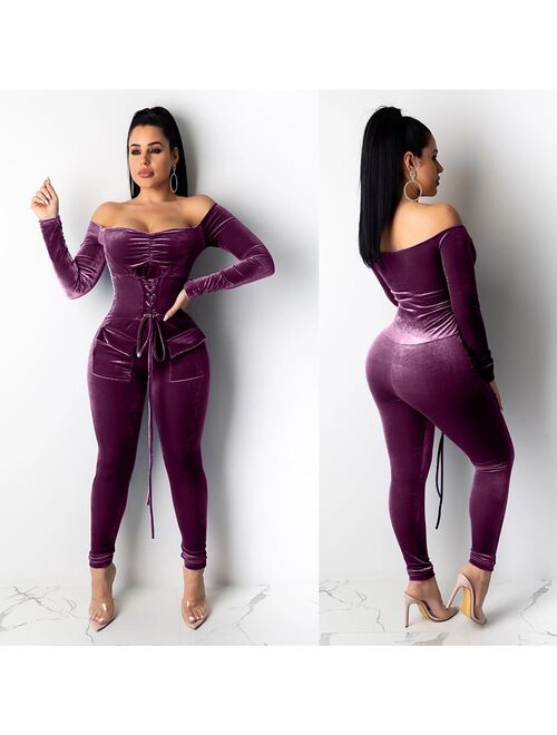 Doyerl Off Shoulder Velvet Jumpsuit Women Long Sleeve Romper Bodycon Lace Up Sexy SkinnyJumpsuit Night Club Party Jumpsuit Overalls