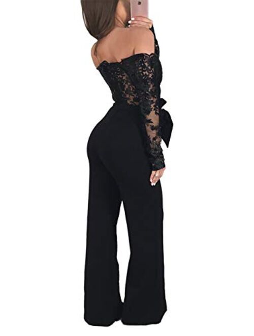 ECHOINE Womens Sexy Off Shoulder Jumpsuit Long Sleeve Bodycon Wide Leg Floral Lace Romper with Belt
