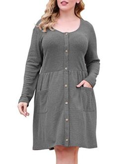 Nemidor Women's Long Sleeve Casual Button Down Midi Loose Dress Plus Size Babydoll Tunic Dress with Pockets NEM256