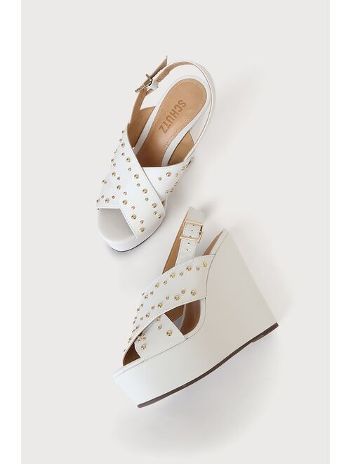 Schutz Yzma White Studded Atanado Leather Platform Wedge Sandals
