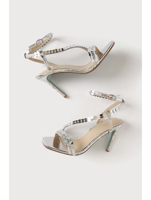 Betsey Johnson SB-Asher Silver Sequin Ankle Strap High Heel Sandals
