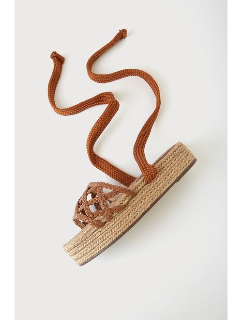 Schutz Byana Wood Brown Lace-Up Espadrille Flatform Sandals