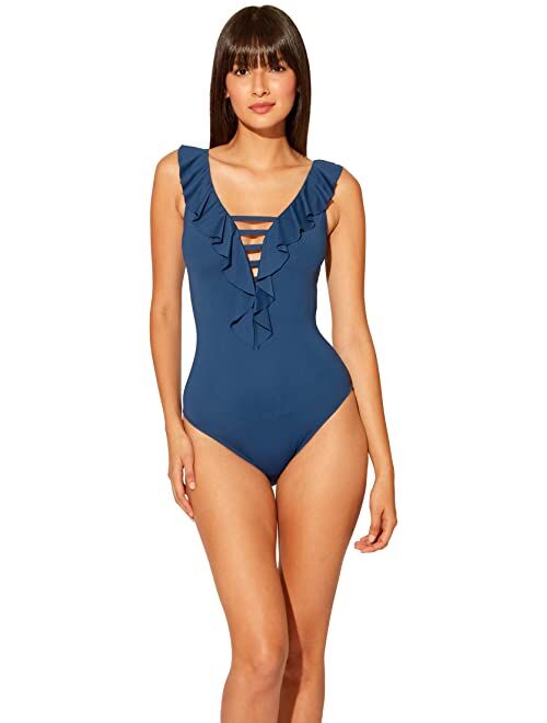 Bleu Rod Beattie Rufflicious Lace Down Over The Shoulder One-Piece with Removable Cups