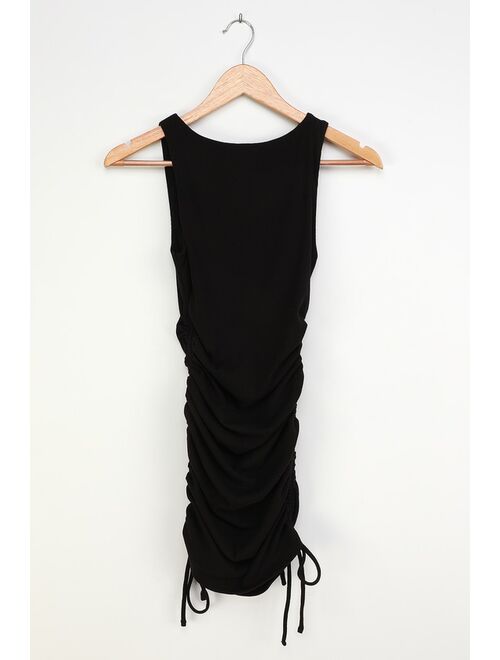 Lulus Over and Over Black Ribbed Drawstring Ruched Bodycon Dress