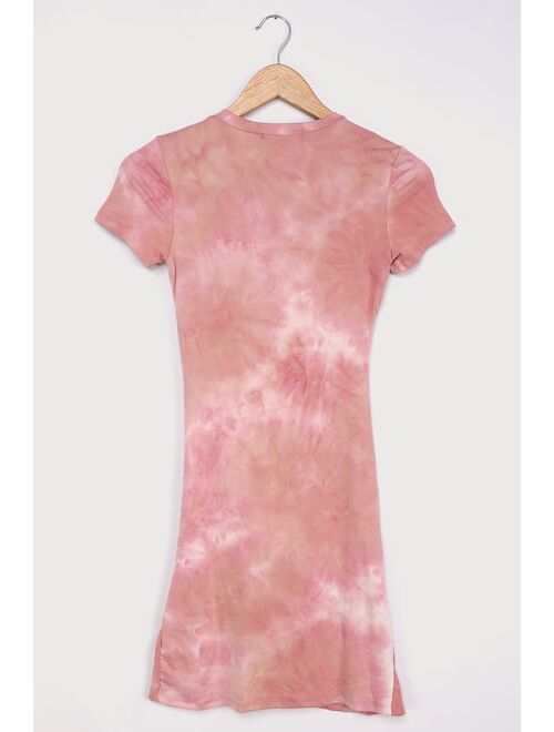 Lulus Sugar Ruche Pink Multi Tie-Dye Ruched Short Sleeve Mini Dress