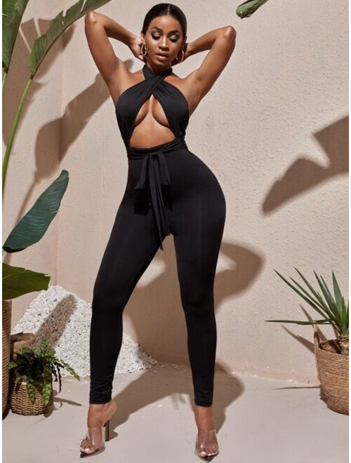 SHEIN SXY Cross Tie Backless Solid Jumpsuit
