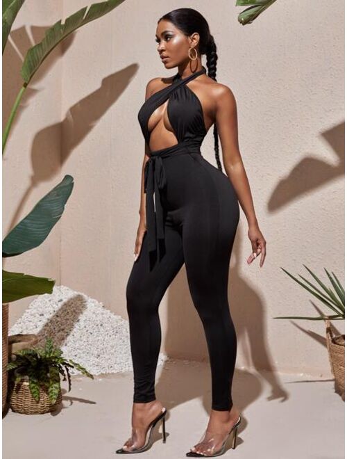 SHEIN SXY Cross Tie Backless Solid Jumpsuit