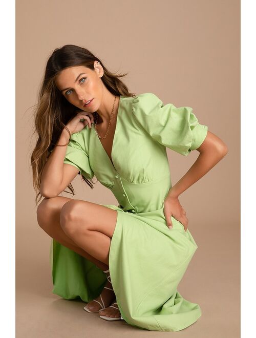 Lulus Dare to be Dreamy Lime Green Puff Sleeve High-Low Midi Dress