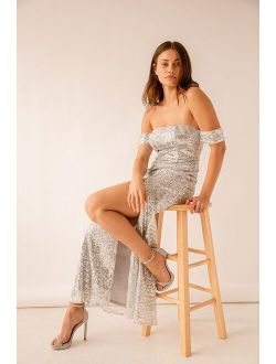 You and Me Silver Sequin Off-the-Shoulder Mermaid Maxi Dress