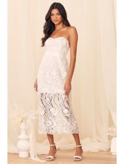 Be My Someone White Floral Embroidered Strapless Midi Dress