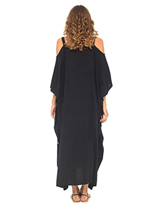 SHU-SHI Womens Kaftan Maxi Dress Cold Shoulder Casual Long Beach Cover Up Plus Size Caftan