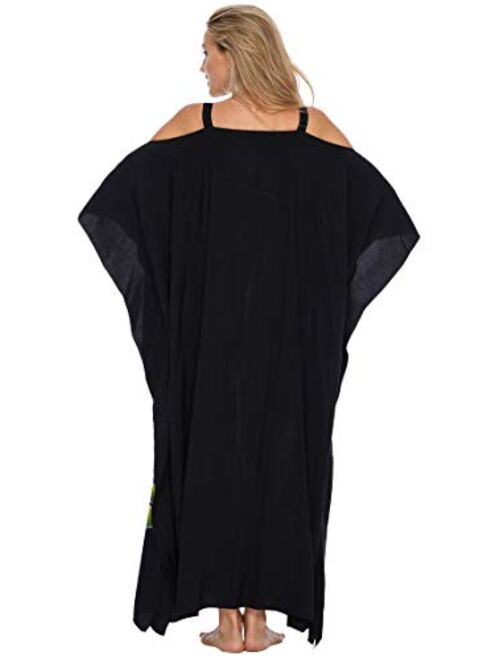 SHU-SHI Womens Kaftan Dress Maxi Beach Cover Up Cold Shoulder Plus Size Caftan Floral Coverup