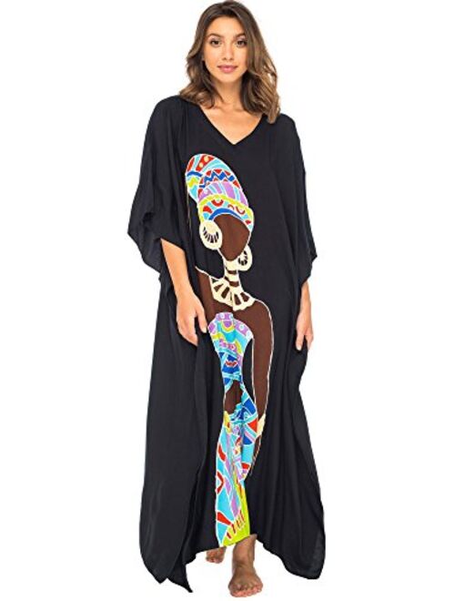 Back From Bali Womens Long African Print Beach Swim Suit Cover Up Caftan Poncho