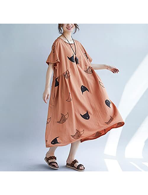 Romacci Women Vintage Loose Baggy Dress Contrast Color Print Half Sleeves Robes Oversized Cotton Linen Casual Dress