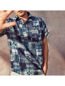 Short-sleeve Indian madras popover in indigo-dyed patchwork