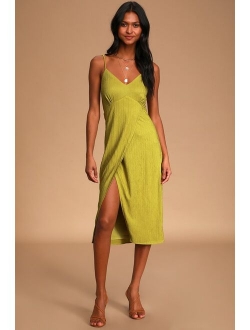 View and I Chartreuse Tie-Back Faux-Wrap Midi Dress