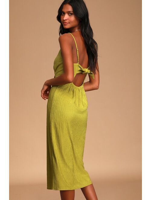 Lulus View and I Chartreuse Tie-Back Faux-Wrap Midi Dress