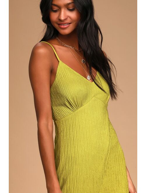 Lulus View and I Chartreuse Tie-Back Faux-Wrap Midi Dress