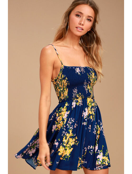 Lulus Fairytale Bliss Navy Blue Floral Print Skater Dress