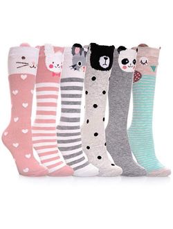 BRMINROU Girls Knee High Socks Cute Cartoon Animal Cotton Long Socks 6 Pairs