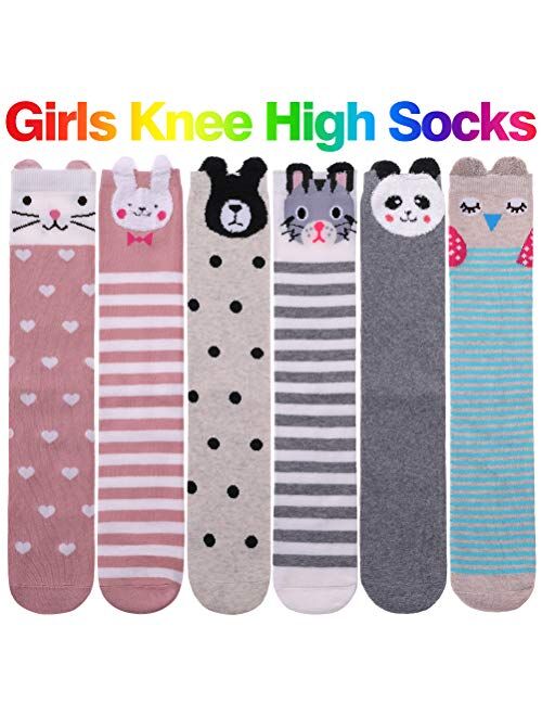 SDBING 3-12 Years Old Girls Knee High Socks Kids Cute Funny Animal Pattern Long Boot Socks 6 Pairs