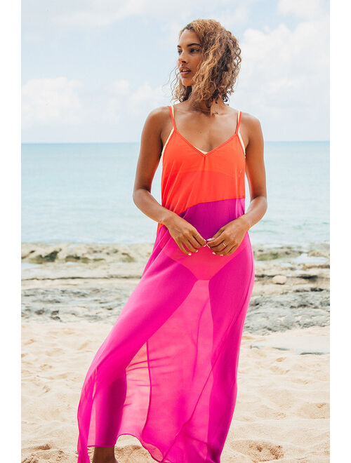 Lulus Seaside Retreat Coral Red and Magenta Maxi Cover-Up