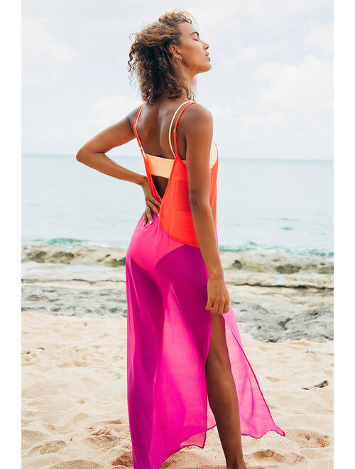 Lulus Seaside Retreat Coral Red and Magenta Maxi Cover-Up