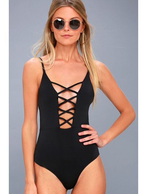 Lulus Myrtle Beach Black Lace-Up One Piece Swimsuit