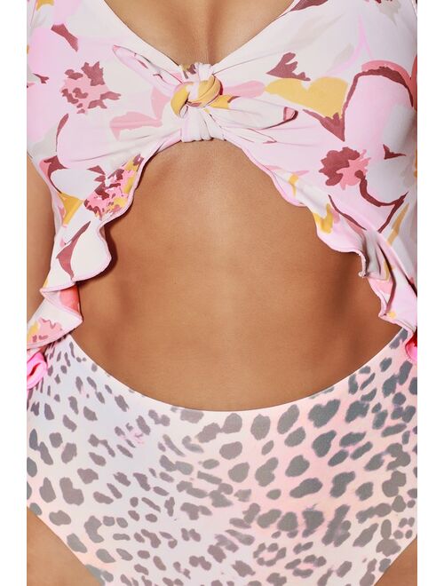 Lulus Power 2 the Flower Carly Pink Floral and Leopard Print Cutout One-Piece Swimsuit