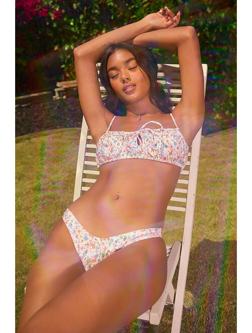 Lulus Sunbather White Floral Print Mid-Rise Bikini Bottoms