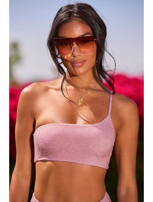 Lulus Shine Like the Sun Dusty Pink Glitter One-Shoulder Bikini Top