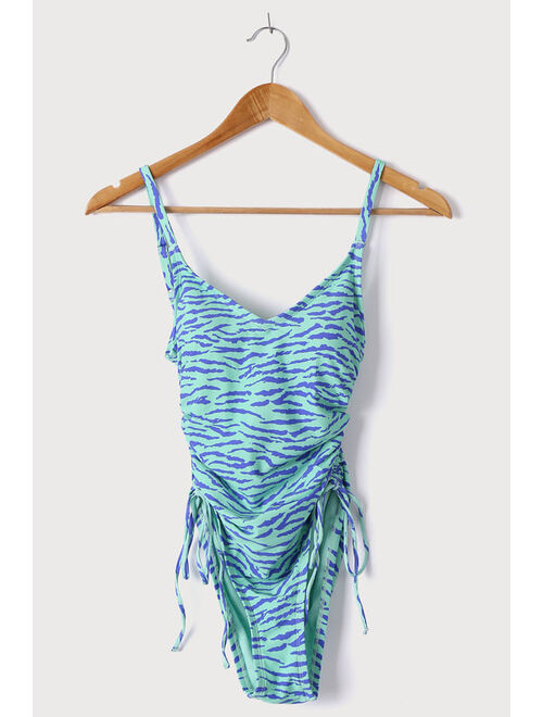 Lulus Make Waves Mint Zebra Print Ruched One-Piece Swimsuit