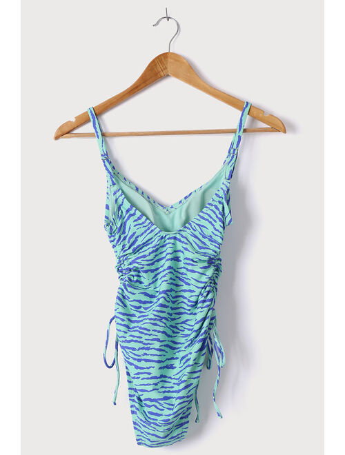 Lulus Make Waves Mint Zebra Print Ruched One-Piece Swimsuit