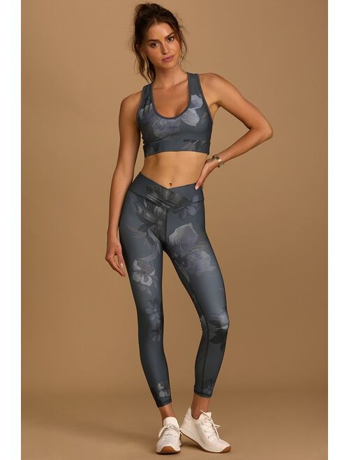 Lulus Amp it Up Grey Floral Print High Impact Crossover Leggings