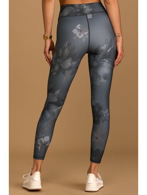 Lulus Amp it Up Grey Floral Print High Impact Crossover Leggings