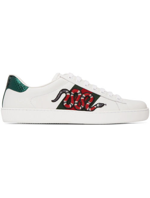 Gucci White Embroidered Ace Lace Up Sneakers