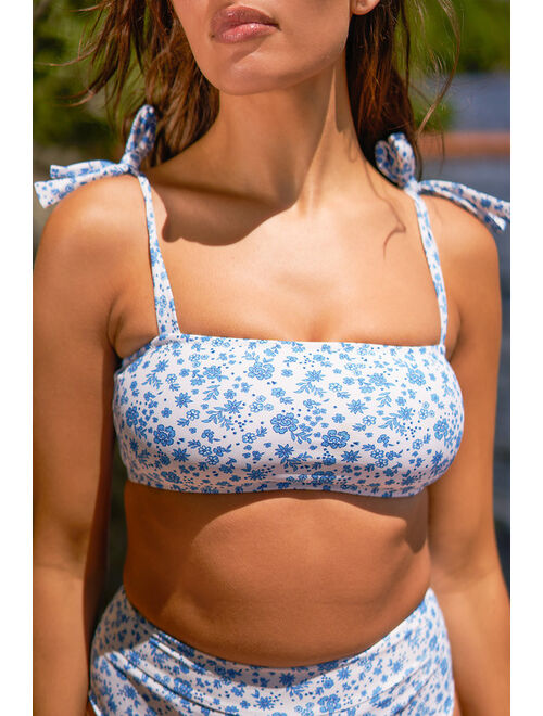 Lulus A Little Sun White and Blue Floral Print Tie-Strap Bikini Top