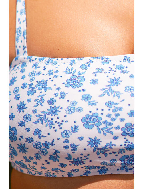 Lulus A Little Sun White and Blue Floral Print Tie-Strap Bikini Top