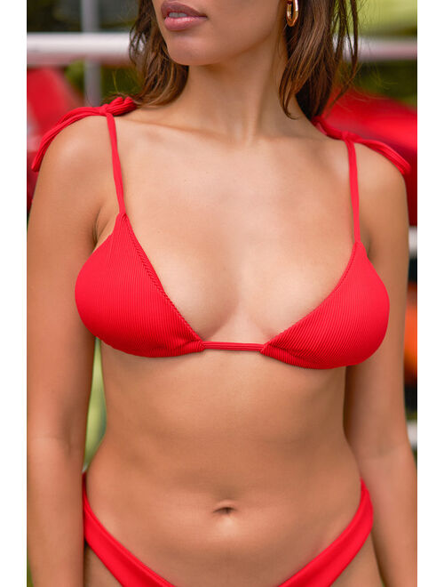 Lulus All Inclusive Red Ribbed Tie-Strap String Bikini Top