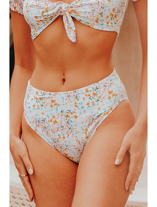 Lulus Poolside to Side Ivory Floral Print High-Waisted Bikini Bottoms