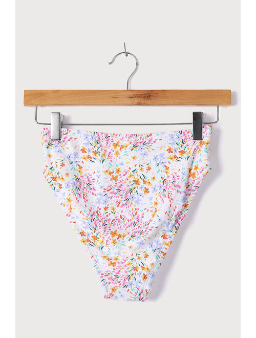 Lulus Poolside to Side Ivory Floral Print High-Waisted Bikini Bottoms