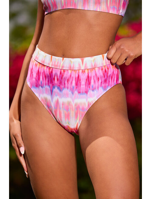 Lulus Allie Pink Multi Print Mid-Rise Bikini Bottom