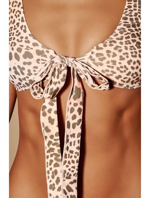 Power 2 the Flower Raquel Beige Leopard Print Tie-Front Bikini Top