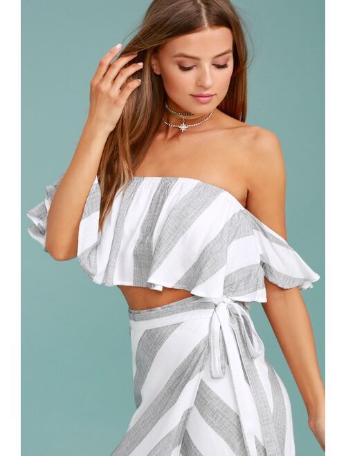 Lulus Sea of Cortez Grey and White Striped Off-the-Shoulder Crop Top