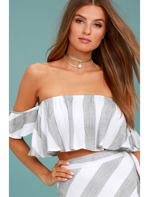 Lulus Sea of Cortez Grey and White Striped Off-the-Shoulder Crop Top