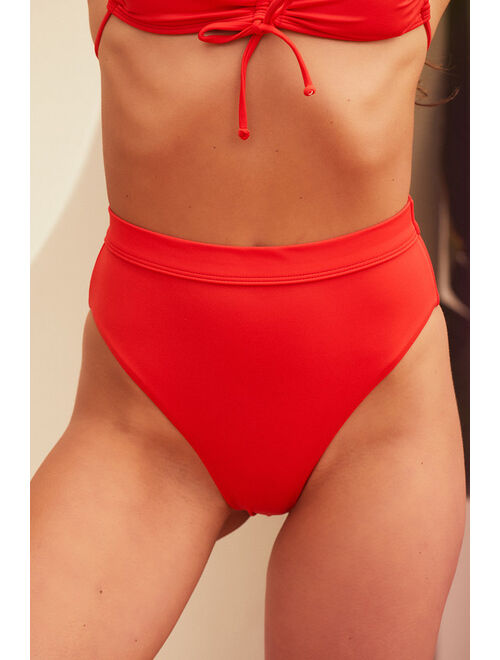 Lulus Sunshine Seekin' Red High Rise High-Cut Bikini Bottom
