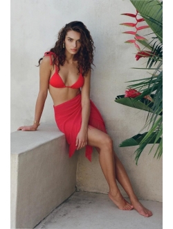 Poolside Babe Red Fringe Sarong Wrap Swim Cover-Up