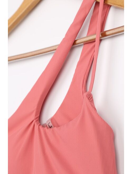 Lulus Dive Deeper Rose Pink Ribbed Cutout One-Shoulder Bikini Top