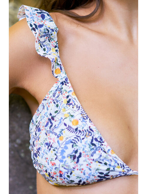 VYB Bella White Multi Floral Print Ruffled Triangle Bikini Top